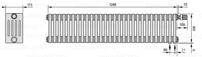 Схема (чертеж) Радиатор Zehnder Charleston 5030/28 №V002 Белый глянцевый RAL 9016